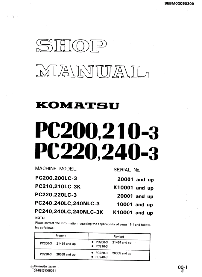 Komatsu Excavators PC200-210-220-240-280-3 PDF Repair Manuals